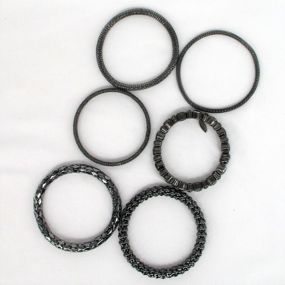 6  Metal Bangle Bracelets Stack Lot Textured Dark Gunmetal Grey Crystal Metal - Picture 5 of 5